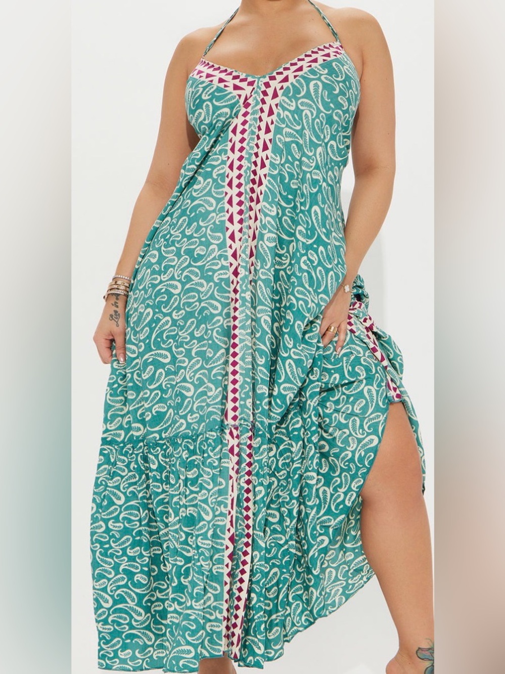 Fashion Nova Teal Paisley Maxi Dress with Pink Trim